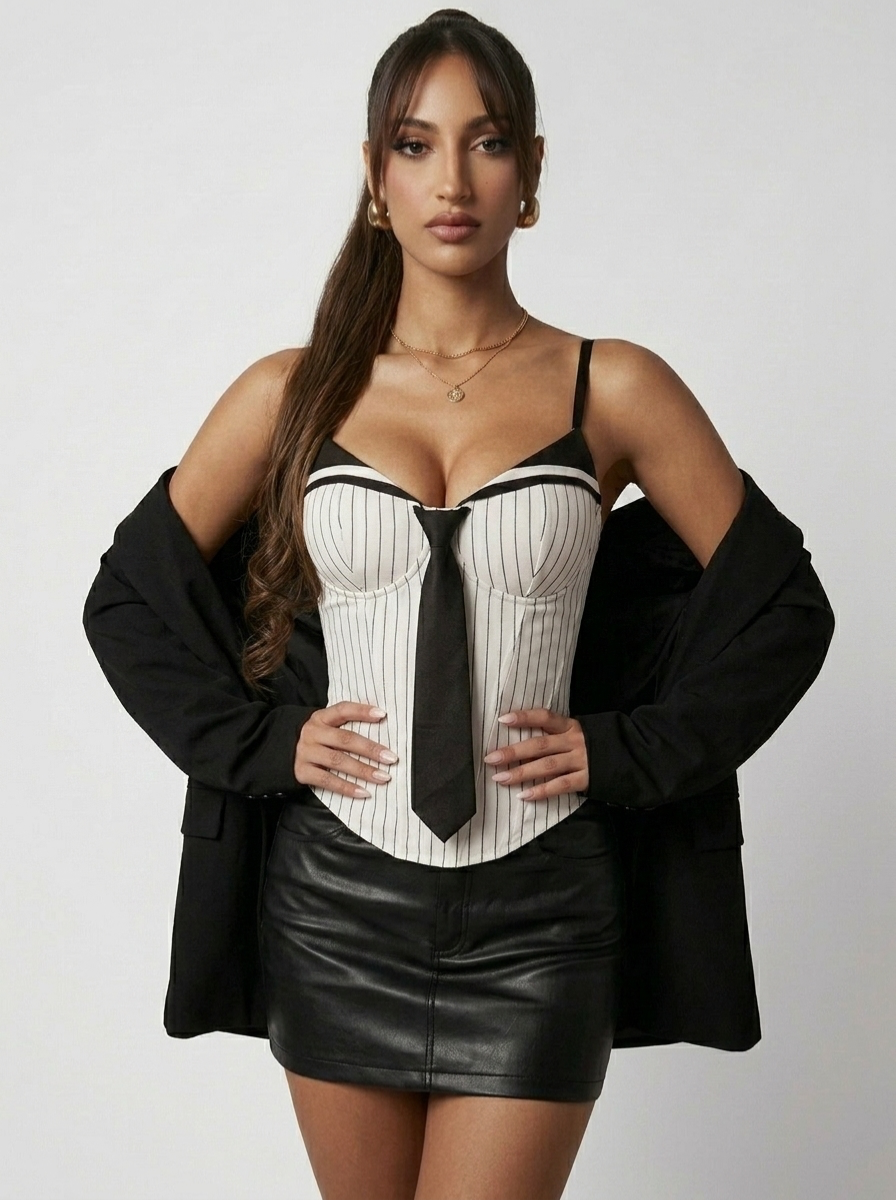 Fishtail-waist Striped Vest With Tie-up Top