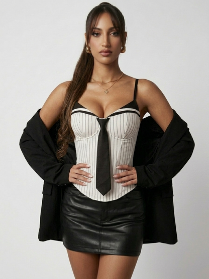 Fishtail-waist Striped Vest With Tie-up Top