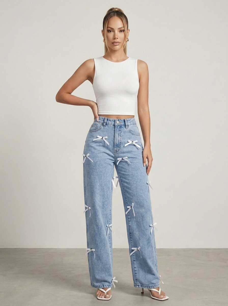 Bow Decor High Waist Wide Leg Jeans