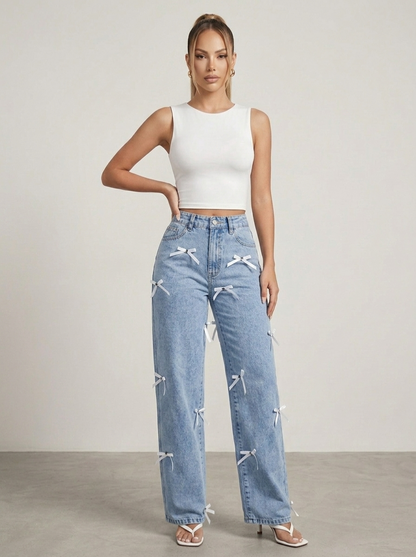 Bow Decor High Waist Wide Leg Jeans