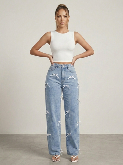Bow Decor High Waist Wide Leg Jeans