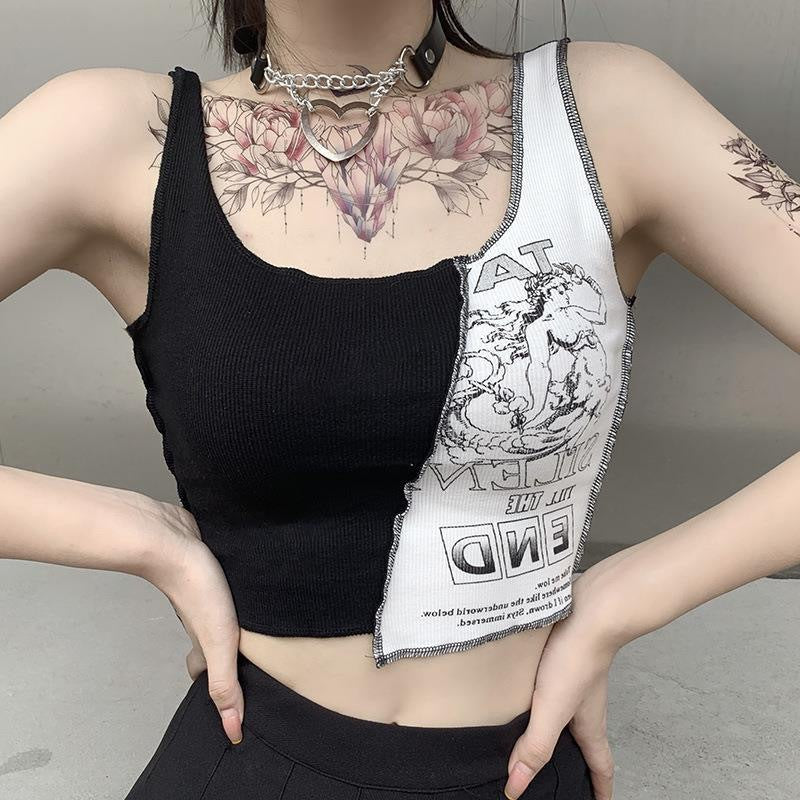 Street Style Womens Tank Top With Patchwork Print