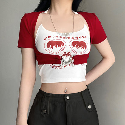 Fashion Graffiti Printing Invisible Shoulder Strap Vest T-shirt Two-piece Set
