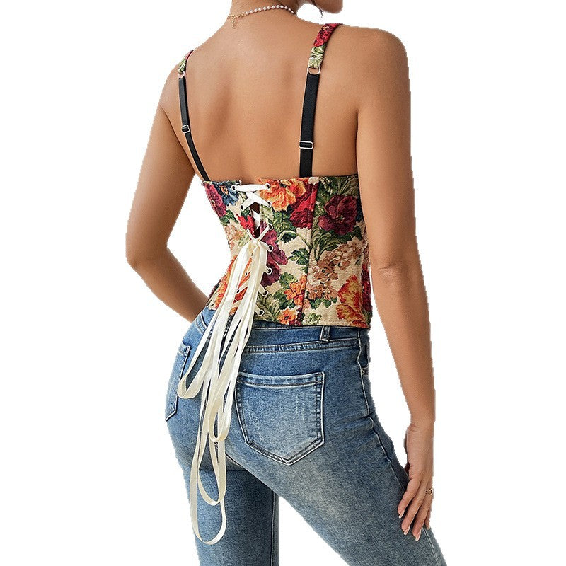 Women's Retro Floral Strap French Style Tank Top