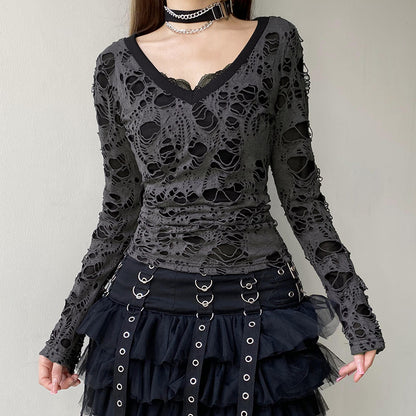 European And American Dark Style V-neck Hole Stitching T-shirt