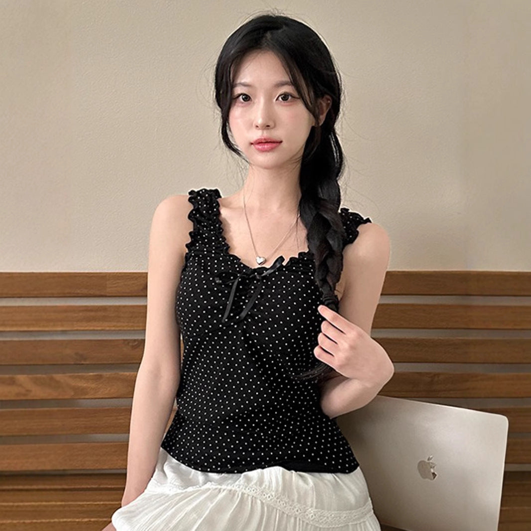 Womens Fashionable Casual Polka-Dot Wide-Shoulder Top