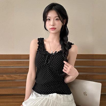 Womens Fashionable Casual Polka-Dot Wide-Shoulder Top
