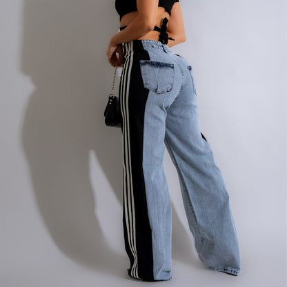 Fashion Casual High Waist Elastic Straight Leg Trousers Three Stripe Patchwork Denim Wide Leg Pants Streetwear