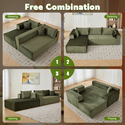 Compression Sectional Couch With Comfy Chaise, Boneless L Shape Sofa With Deep Seat, Minimalist Modular Couches Sleeper For Living Room Bedroom Apartment Lounge,corduroy,Green