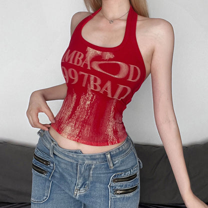 Modern Retro Rendering Letter Print Hanging On Neck Vest