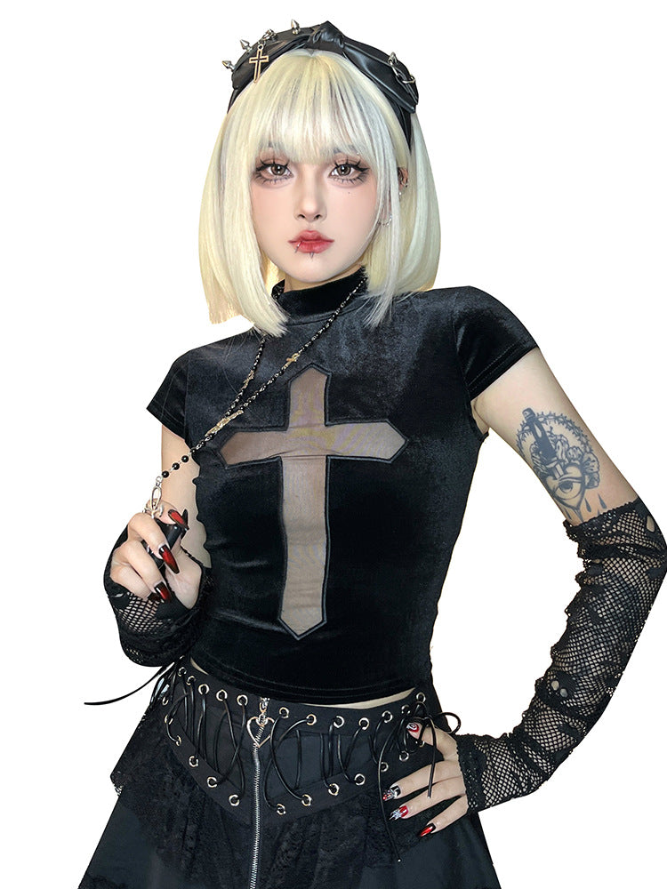 Turtleneck Cross See-through Short Sleeve T-shirt