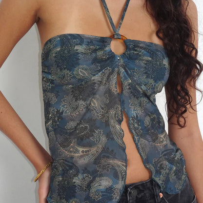 Classic Style Temperament Sexy Mesh Floral Print Halter Top Women