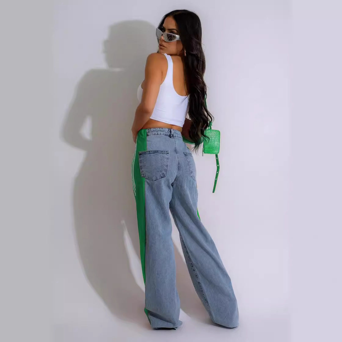 Fashion Casual High Waist Elastic Straight Leg Trousers Three Stripe Patchwork Denim Wide Leg Pants Streetwear