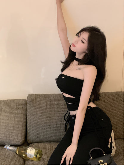 Black Cutout Drawstring Camisole Short Halterneck