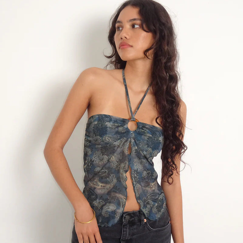 Classic Style Temperament Sexy Mesh Floral Print Halter Top Women