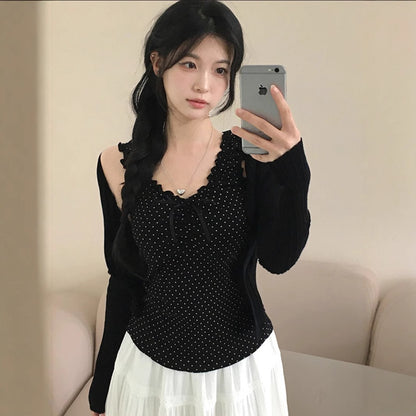 Womens Fashionable Casual Polka-Dot Wide-Shoulder Top