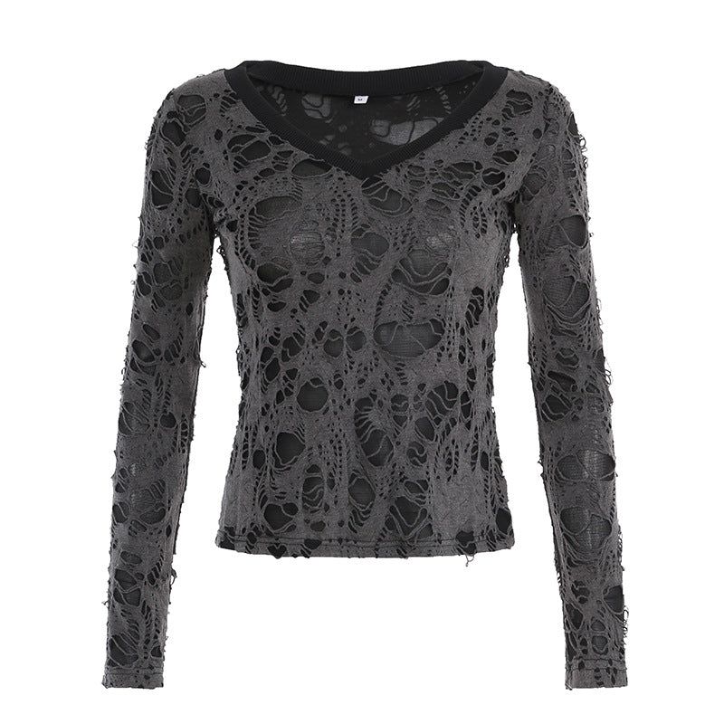 European And American Dark Style V-neck Hole Stitching T-shirt