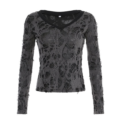 European And American Dark Style V-neck Hole Stitching T-shirt