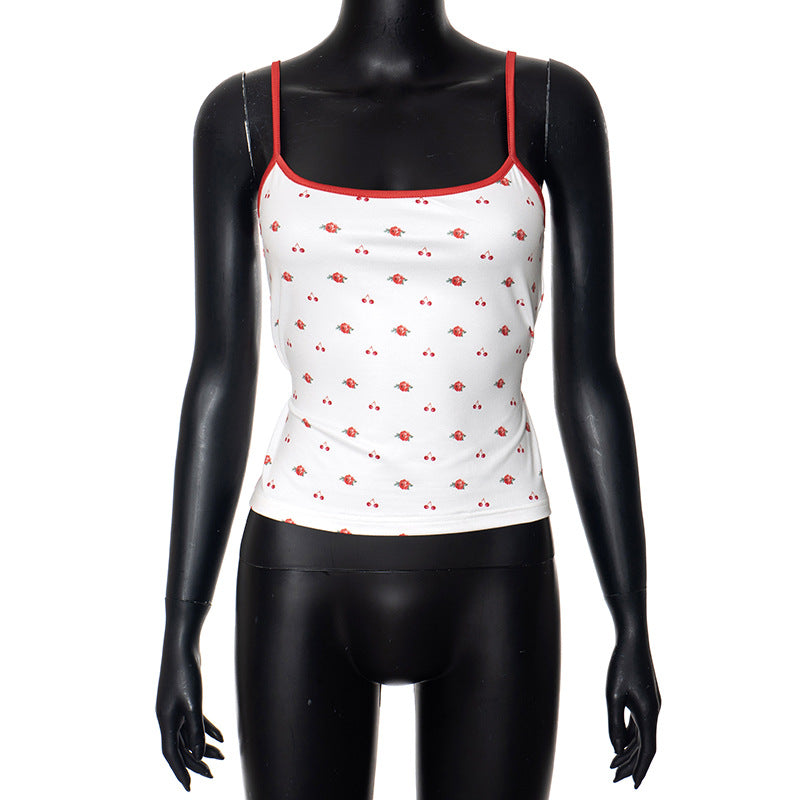 Women's Fashion Color Contrast Cherry Flower Print Camisole Top