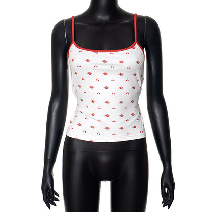 Women's Fashion Color Contrast Cherry Flower Print Camisole Top