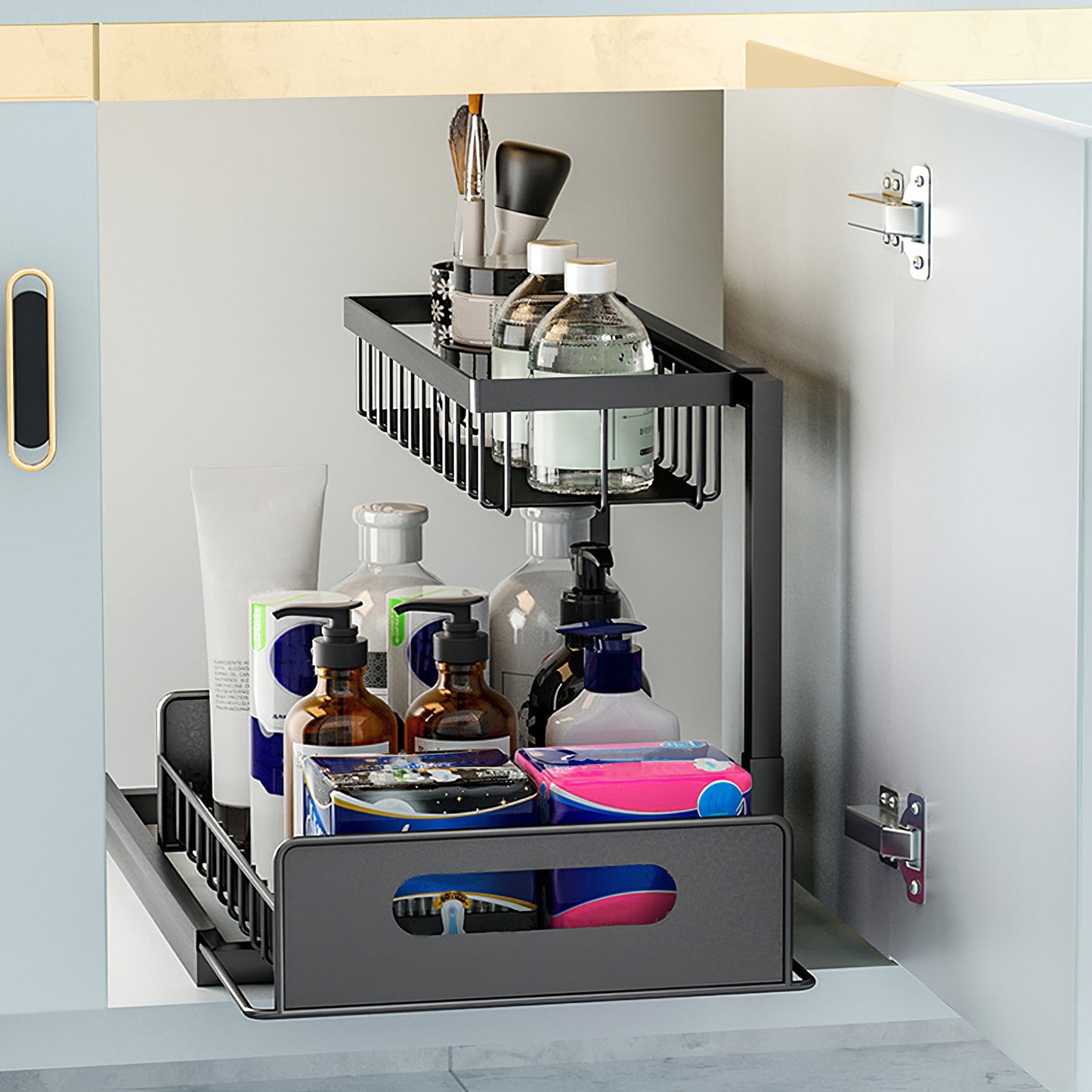 2 Tier Under Sink Organizers Pull Out Under Cabinet Basket Storage Shelf Sliding Drawer For Kitchen Bathroom