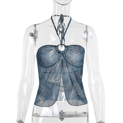 Classic Style Temperament Sexy Mesh Floral Print Halter Top Women