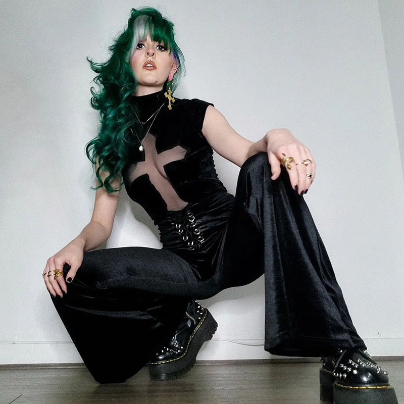 Turtleneck Cross See-through Short Sleeve T-shirt