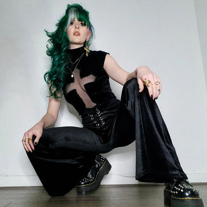Turtleneck Cross See-through Short Sleeve T-shirt