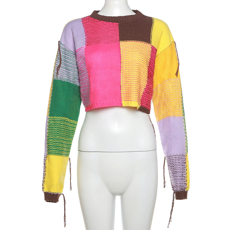 Women's Fashion Tassel Contrast Color Round Neck Loose Sweater
