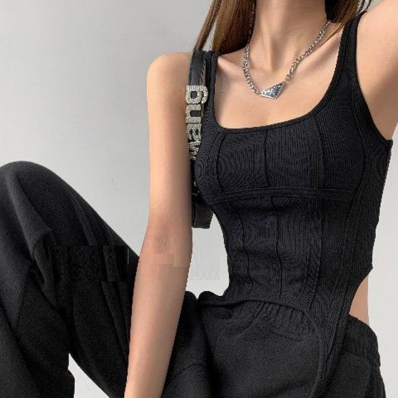 Irregular Hook Chic Bottoming Shirt Outer Wear Square Collar Sleeveless